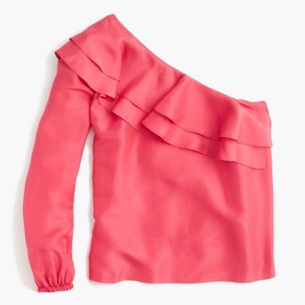 J‎ Crew Womens One Shoulder Silk Shantung Top Size 8 Brilliant Poppy Ruffle NEW